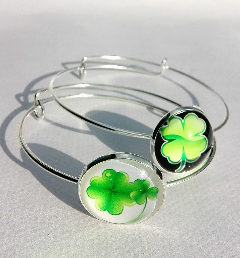 

1pair New style Clover glass bangle Lucky clover bracelet four-leaf clover silver hand chain