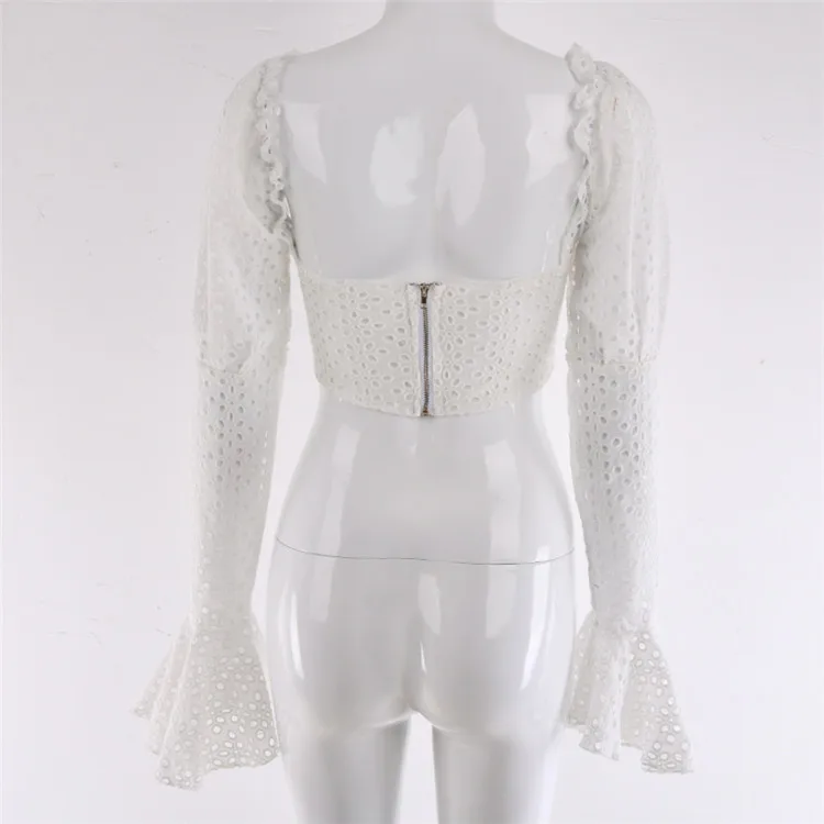 2019 женский сексуальный длинный рукав кружева вверх оборки пляж белый короткий