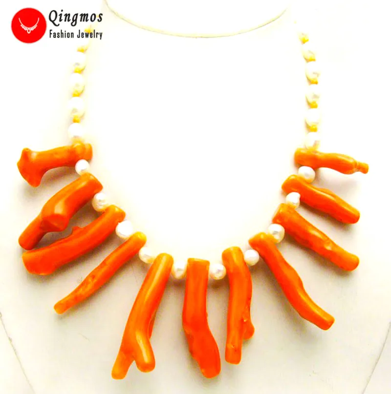 

Qingmos Natural Coral Necklace for Women with 8*70mm Red Branch Coral & 7-9mm White Baroque Pearl Necklace Jewelry 18" nec6161