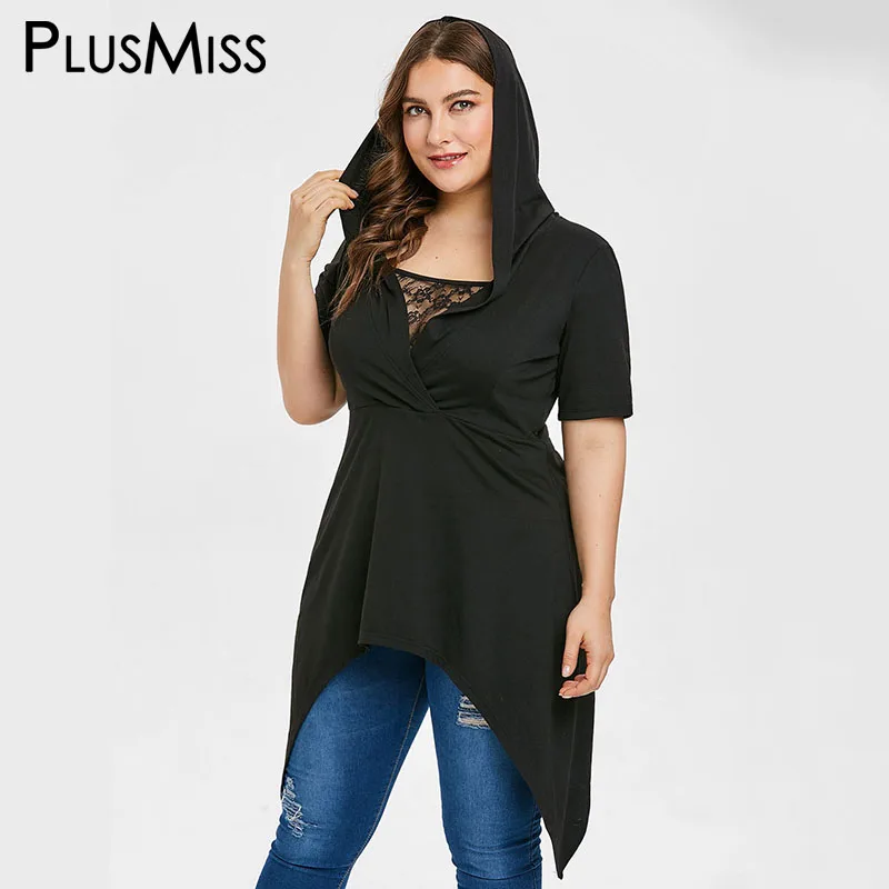 PlusMiss плюс размеры XXXXXL кружево с капюшоном Винтаж футболки для женщин Одежда