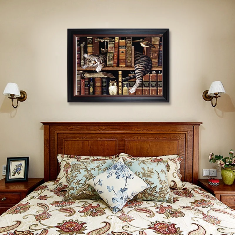 Новый Круглый Алмаз живопись книжный домик спальные наборы кошка вышивка