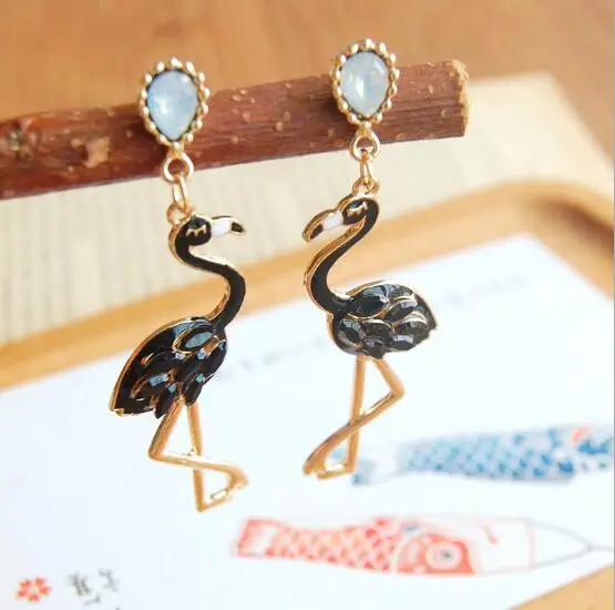 Enamel Oil Flamingo Dangle Earrings for Women Fashion Lady Jewelry Cute Animal Crystal 4 Colors Christmas Gift | Украшения и