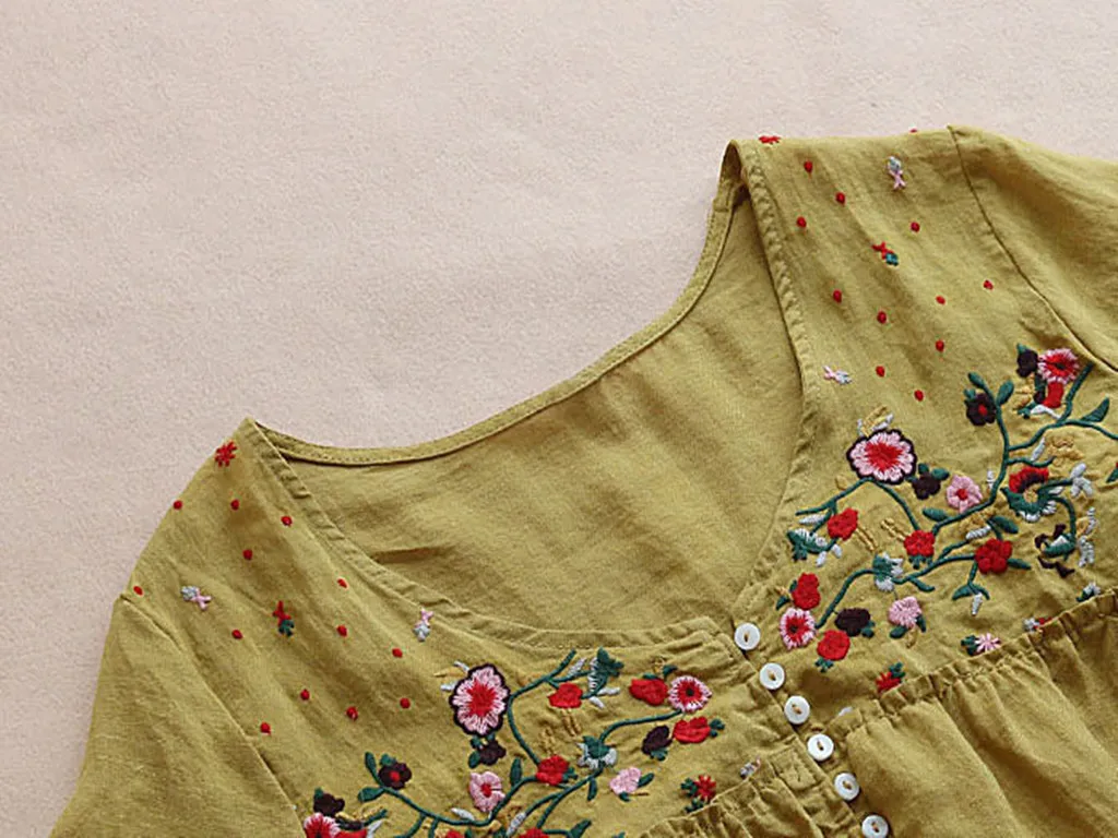 Блузка женская с цветочной вышивкой удобная рубашка из хлопка и льна в