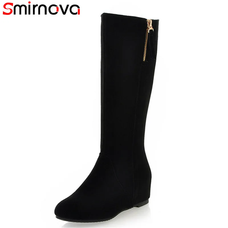 

Smirnova NEW 2018 fashion mid calf boots women winter black suede leather boots round toe height increasing heels ladies shoes
