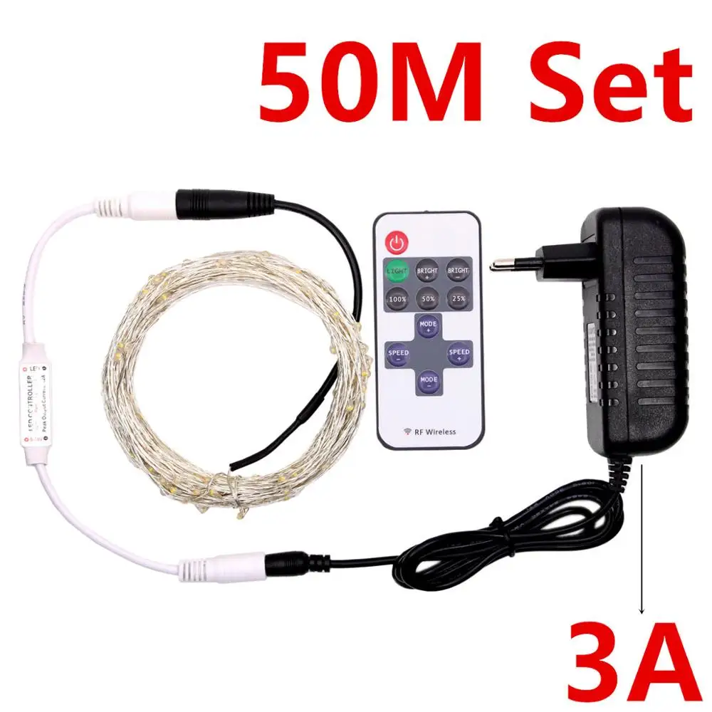 50M with 3A Set DC12V Светодиодный светильник-гирлянда 100 м 80 м 60 м 50 м 40 м 30 м 20 м 10 м 5 м серебряная проволока сказочное рождественское праздничное украшение с питанием и пультом дистанционного управления - Испускаемый цвет: 50M with 3A Set