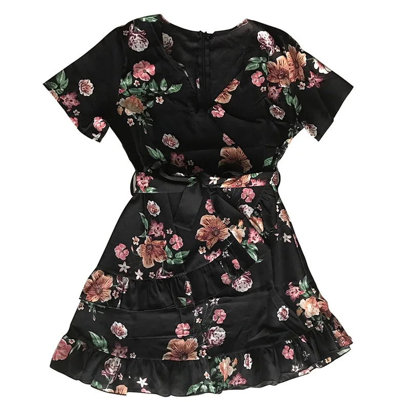 

2019 Women Summer Sexy V-Neck Ruffled Chiffon Print Loose High Waist Short Sleeve Chiffon Dress