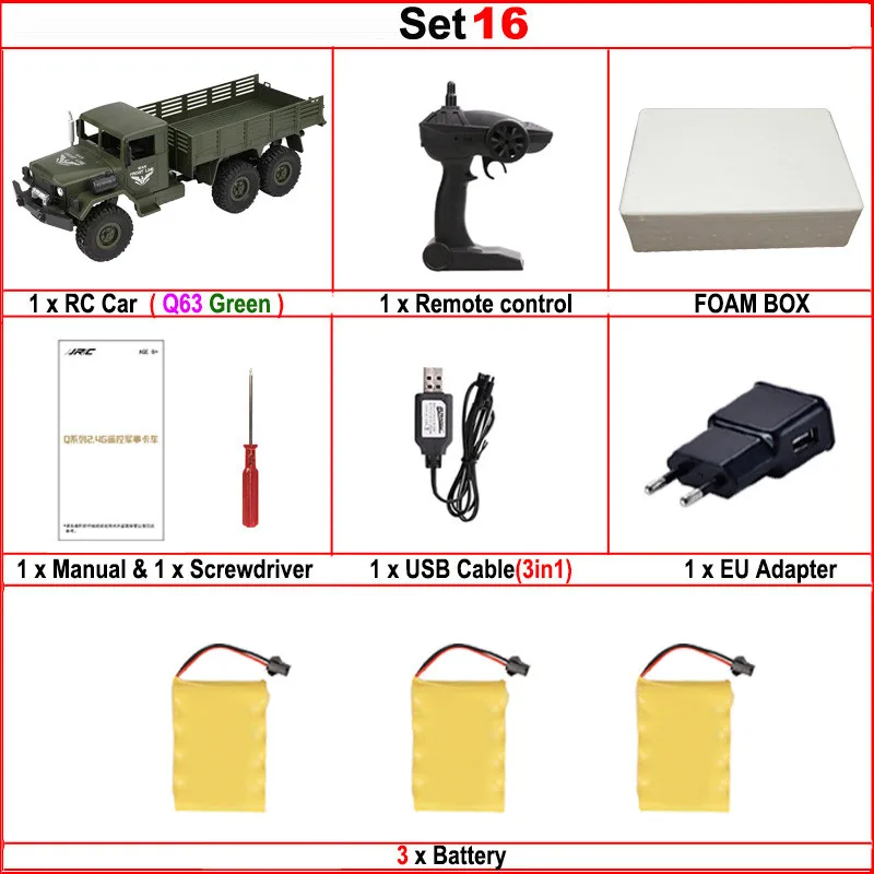 Set16 JJRC Q62 Q63 Q64 1/16 2,4G 4WD длительный срок службы батареи внедорожный военный багажник гусеничный Радиоуправляемый автомобиль пульт дистанционного управления внедорожные игрушки детские подарки - Цвет: Set16