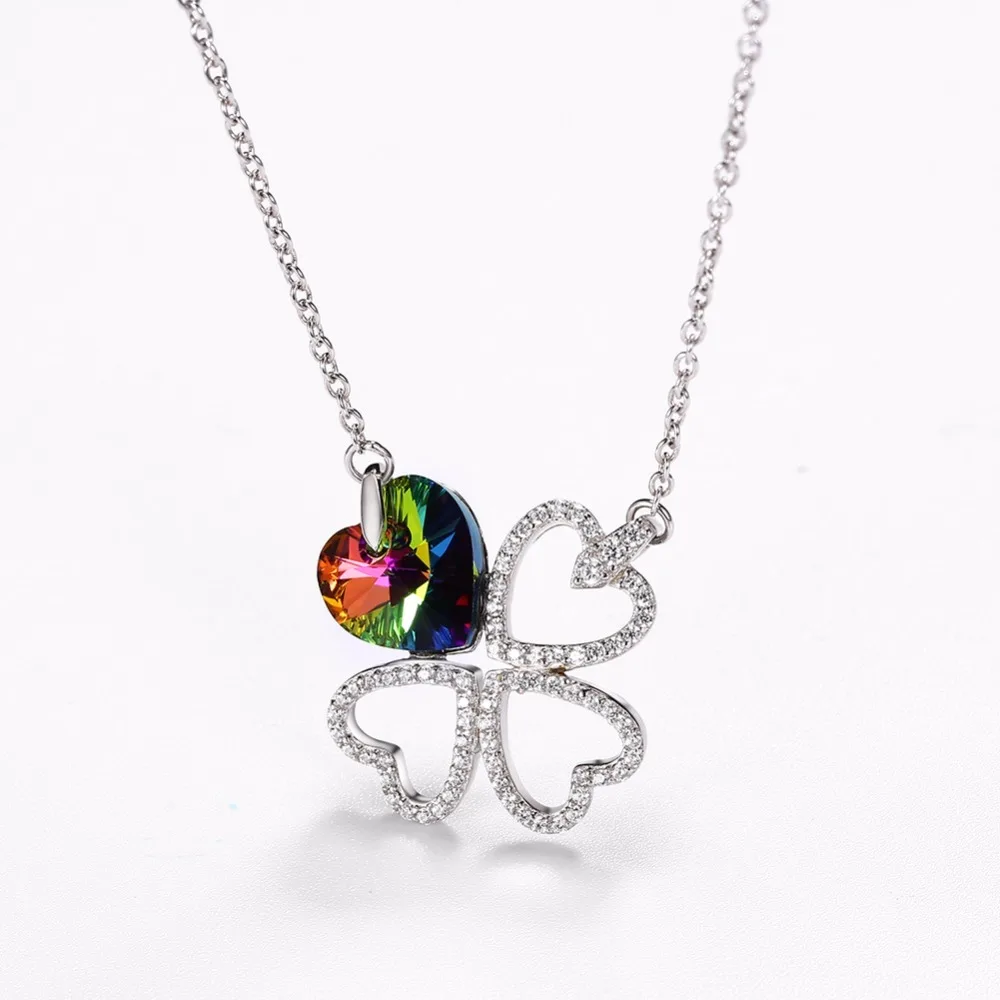 Lekani четыре листа ожерелья в форме клевера кулон сердце кристалл от Swarovski серебро