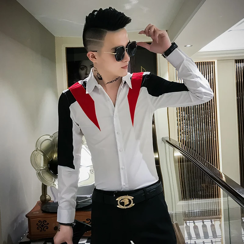 Высокое качество Chemise Homme новая брендовая рубашка-смокинг с длинным рукавом Лоскутная цветная уличная рубашка мужская приталенная Повседневная рубашка рубашки