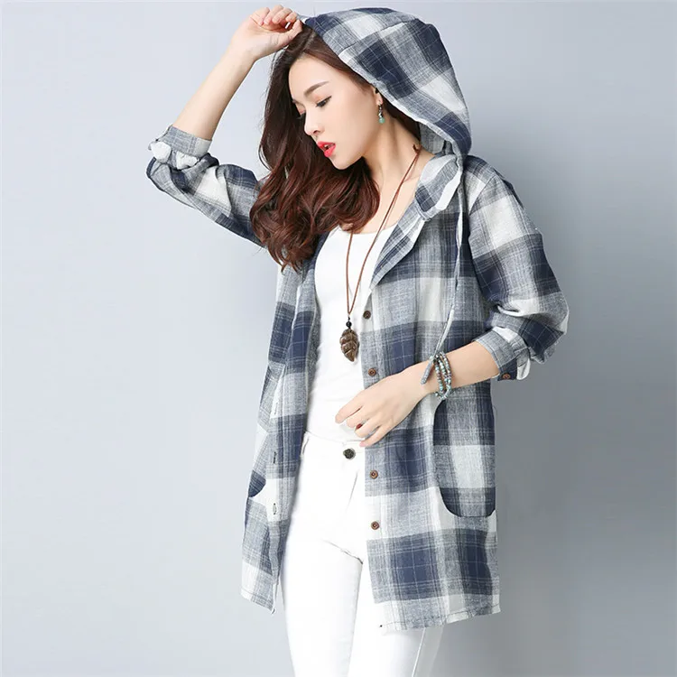 Navy Blue Plaid Новинка, весна-осень, клетчатые рубашки с капюшоном, Женская Модная хлопковая и льняная рубашка с длинным рукавом, Женские повседневные универсальные свободные топы Mw286 - Цвет: Navy Blue Plaid