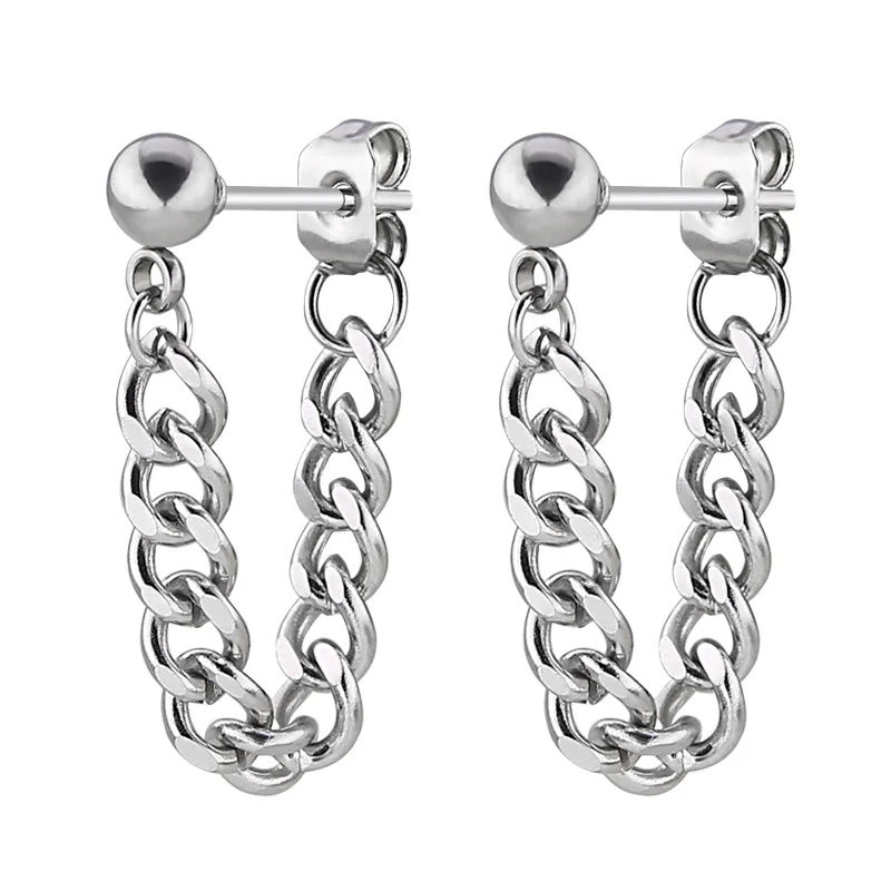 Серьги гвоздики с цепочкой brincos earing модные сережки из нержавеющей стали мужские