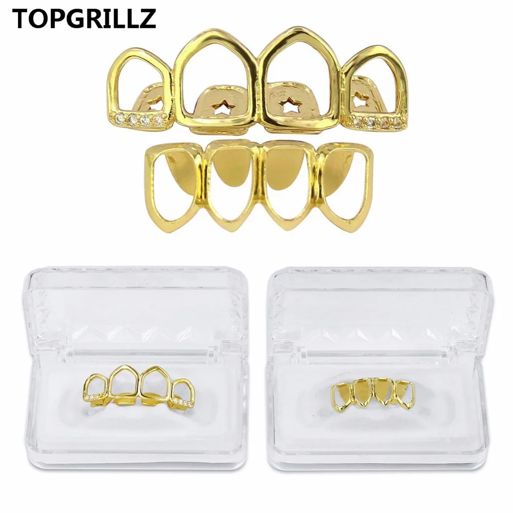 Набор гриля TOPGRILLZ золотого цвета четыре полнолицевых полых зуба топ с фианитами и
