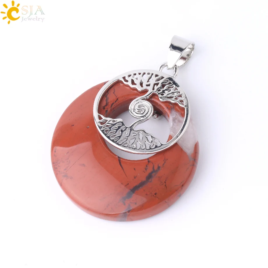 Red Jasper CSJA круглый натуральный камень кулон для ожерелья Два Древа Жизни Кристалл ювелирные изделия фиолетовый кварц Лазурит подарки подруге F839 - Окраска металла: Red Jasper