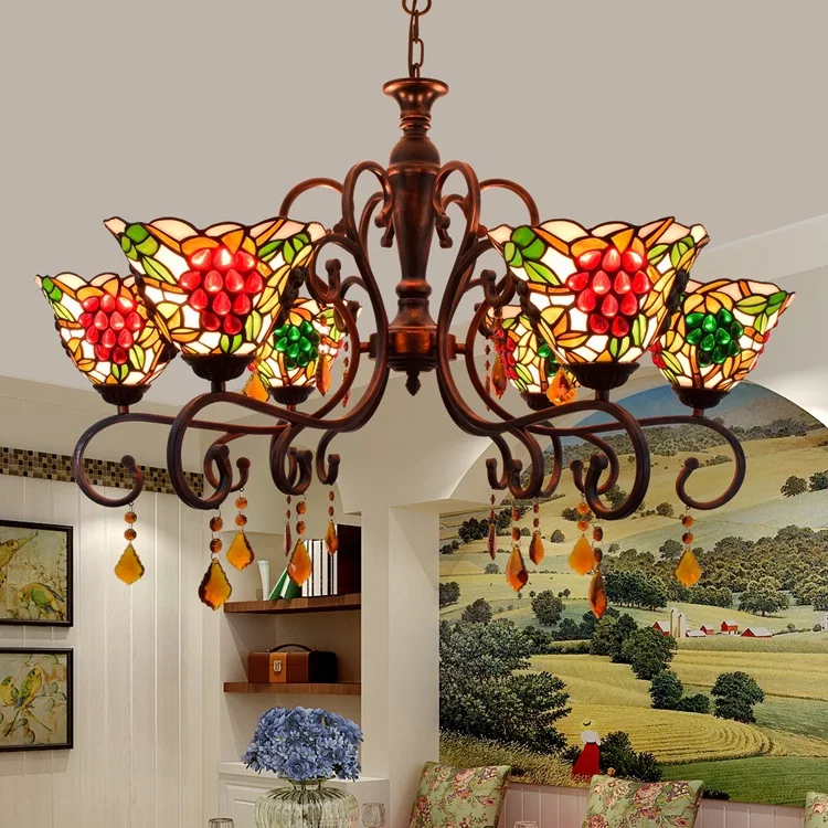 

European style chandelier pastoral Grape living room lamp Tiffany Stained glass dining room restaurant lamp LED crystal lighting
