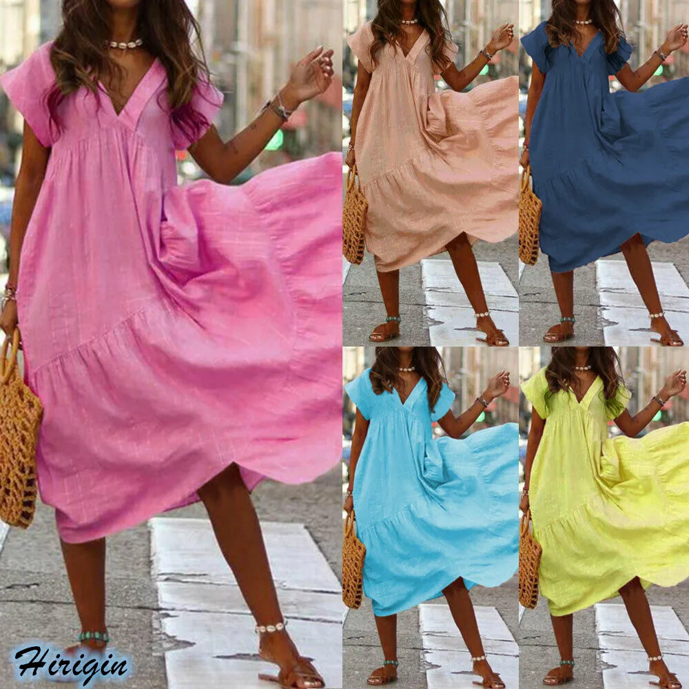 Женское свободное платье Макси Boho повседневное однотонное длинное с v образным