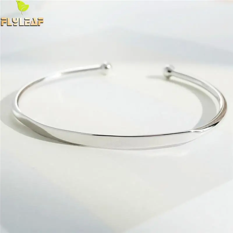 Flyleaf Brand 100% 925 Sterling Silver Smooth Round Open Bracelets & Bangles For Women Minimalism Lady Fashion Jewellery