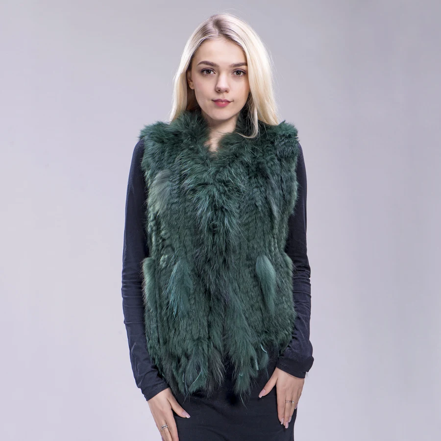 green ZDFURS* Новая цветная Женская жилетка из натурального кроличьего меха с кисточками и воротником из меха енота,, Прямая поставка - Цвет: green