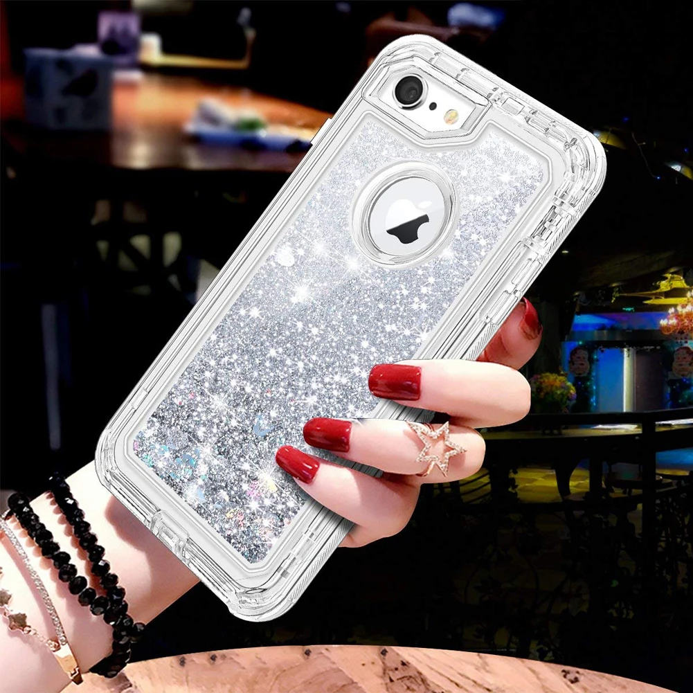 Silver 3 в 1 ТПУ блестящий прозрачный зыбучий песок чехол для Iphone XS Max XR 8 Plus 7 6S 360 чехол Блестящий Прозрачный жидкий жесткий полная защита - Цвет: Silver