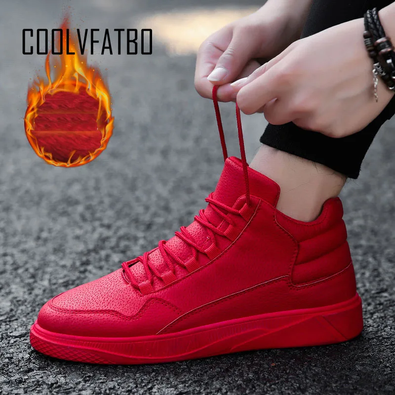 Red-Fur COOLVFATBO Мужская Вулканизированная обувь; зимняя обувь на плоской подошве; теплые плюшевые удобные мужские кроссовки; замшевая мужская обувь на шнуровке - Цвет: Red-Fur