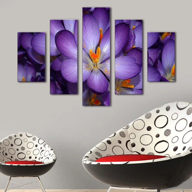 

No Frame Modern 5 Pieces Canvas Wall Art Canvas Oil Paintings Purple Flowers Home Decoration Modular Paintings for Living Room