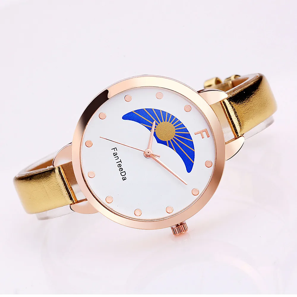 FanTeeDa relogio feminino Sun and moon Аналоговый Кожаный ремешок кварцевые наручные часы женские