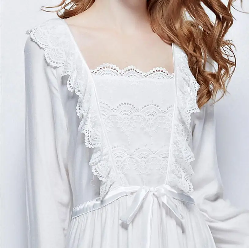 Женское элегантное белое платье из хлопка с длинным рукавом|plus nightgown|sleeping dresswhite