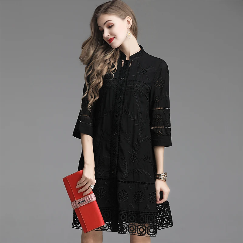 Женское платье рубашка с вышивкой рукавом 2019 и широкой талией|Женские платья| |