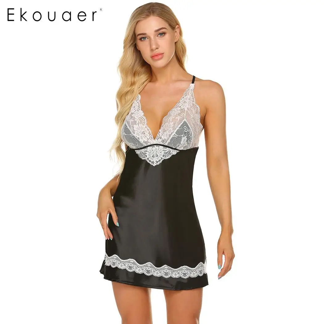 Black Ekouaer нижнее белье Ночная рубашка женская сексуальная летняя ночная рубашка кружевная Лоскутная ночная рубашка и стринги ночные рубашки женские платья для сна - Цвет: Black