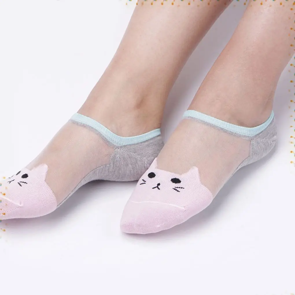 

Women Girls Soft Cat Pattern Crystal Silk Socks Ultrathin Transparent Low Cut Socks
