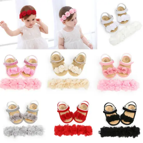 Newborn Kid Baby Girl Flower Sandals Casual Crib Shoes First Prewalker+Headband 2Pcs Summer Toddler Clogs |