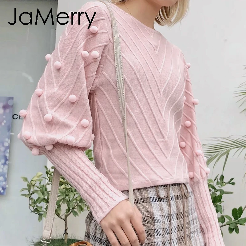 JaMerry Lantern sleeve short sweater tops High waist ball knitting pullover Kitted women korean fashion Christmas female jumpers | Женская