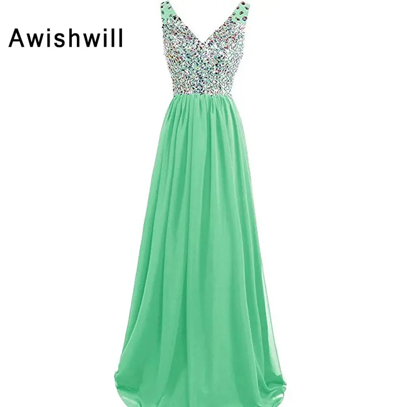 New Fashion A-Line V-neck Floor Length Chiffon With Beads Long Evening Dresses 2020 Sleeveless Sexy Party Prom Open Back | Свадьбы и