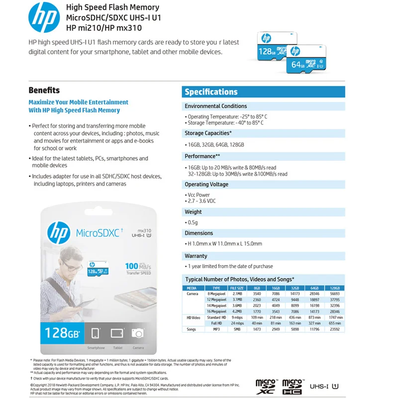 Новинка 2019 карта памяти hp Micro SD 64 ГБ бесплатная доставка SDXC Cartao de Memoria microSD класс 10 U1