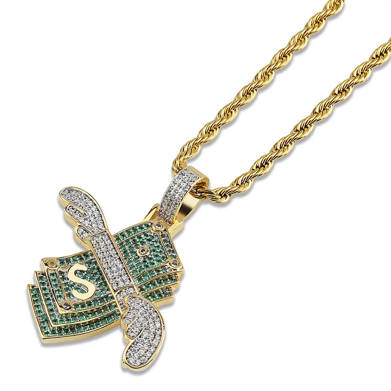 

Hip Hop Green CZ Cubic Zirconia Pave Bling Ice Out Flying Dollar Money Pendants Necklace for Men Rapper Jewelry Drop Shipping