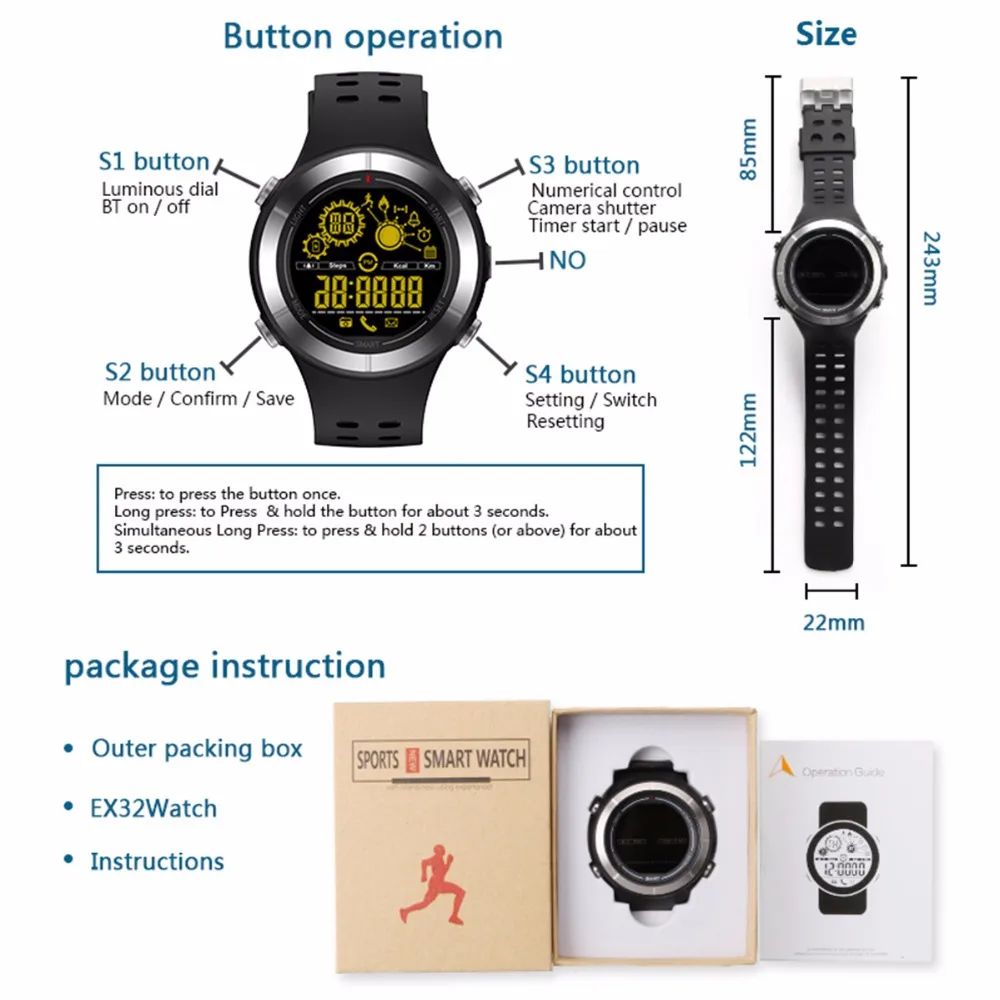 

SOONHUA EX32 Bluetooth Pedometer Smartwatch Alarm Stopwatch Calories Monitoring Remote Camera Smart Watch For IOS Android