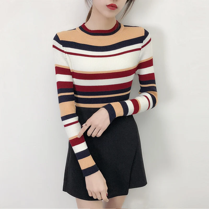 Модный полосатый вязаный свитер с круглым вырезом Осенний Женский Топ длинным