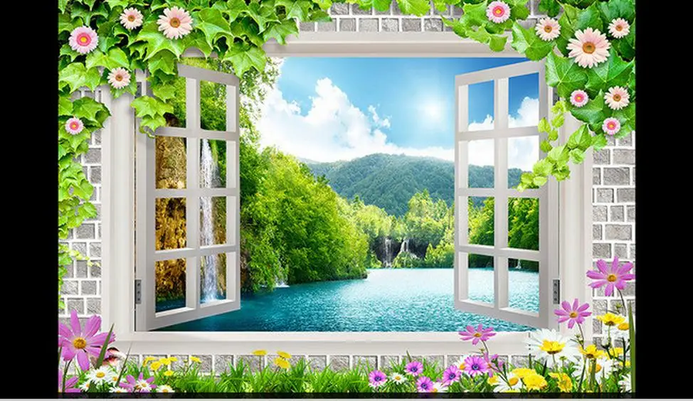 Пользовательские фотообои 3d настенные фрески обои 3 d окно цветы пейзаж Настенные