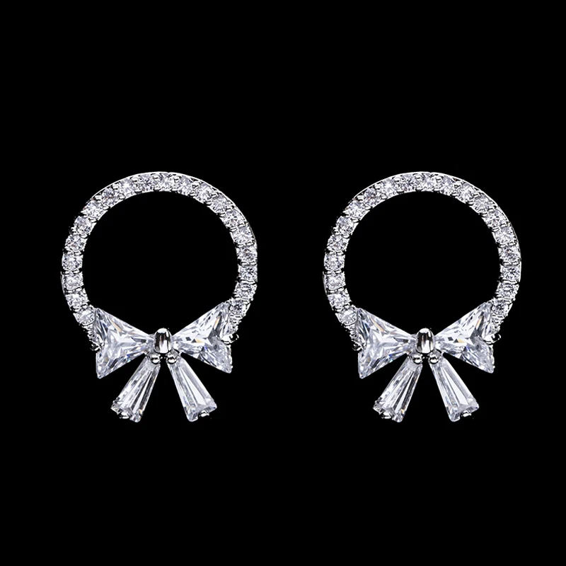 

Korean Fashion Bowknot Earrings For Women Chic Silver Color Cubic Zircon Small Bow Stud Earrings jewelry wholesale