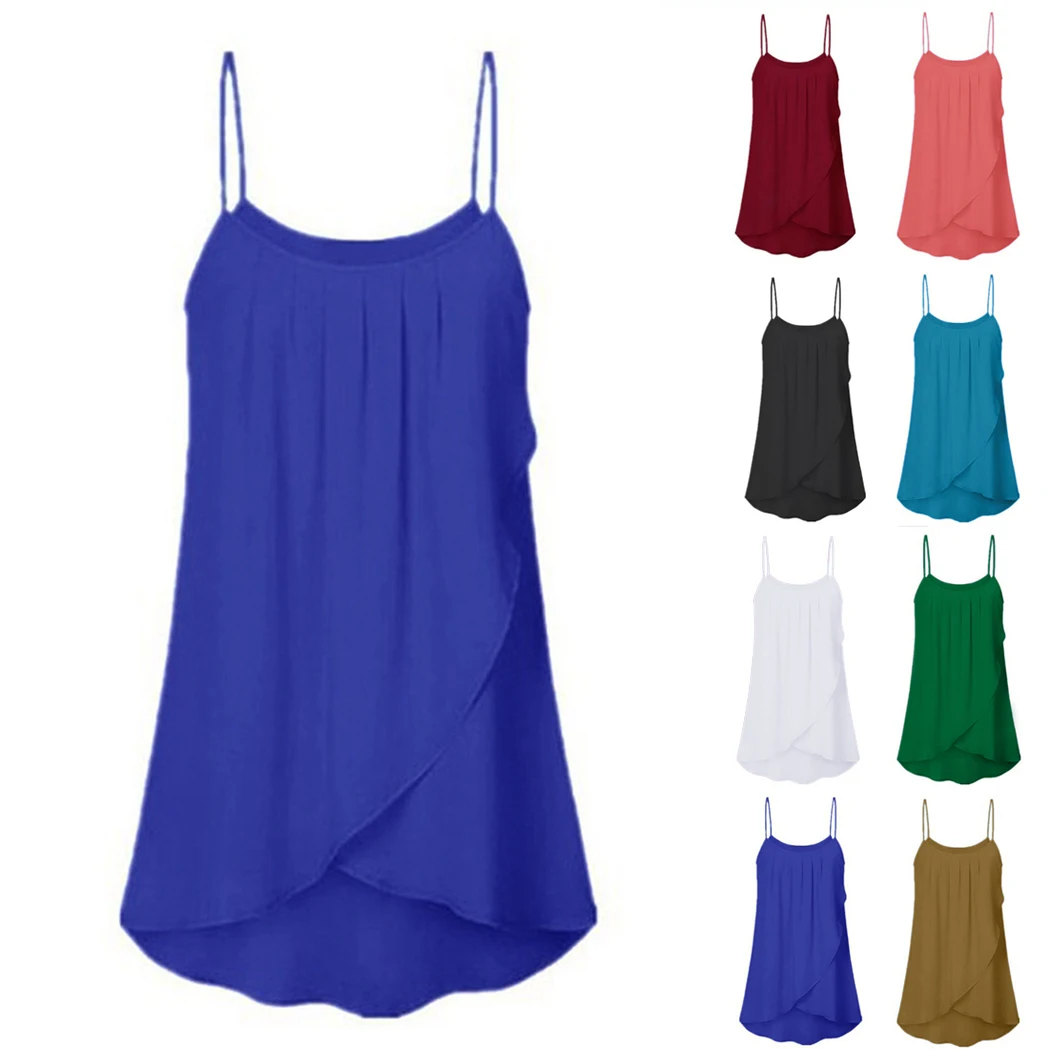 Асимметричный топ на бретельках Повседневная однотонная шифоновая майка