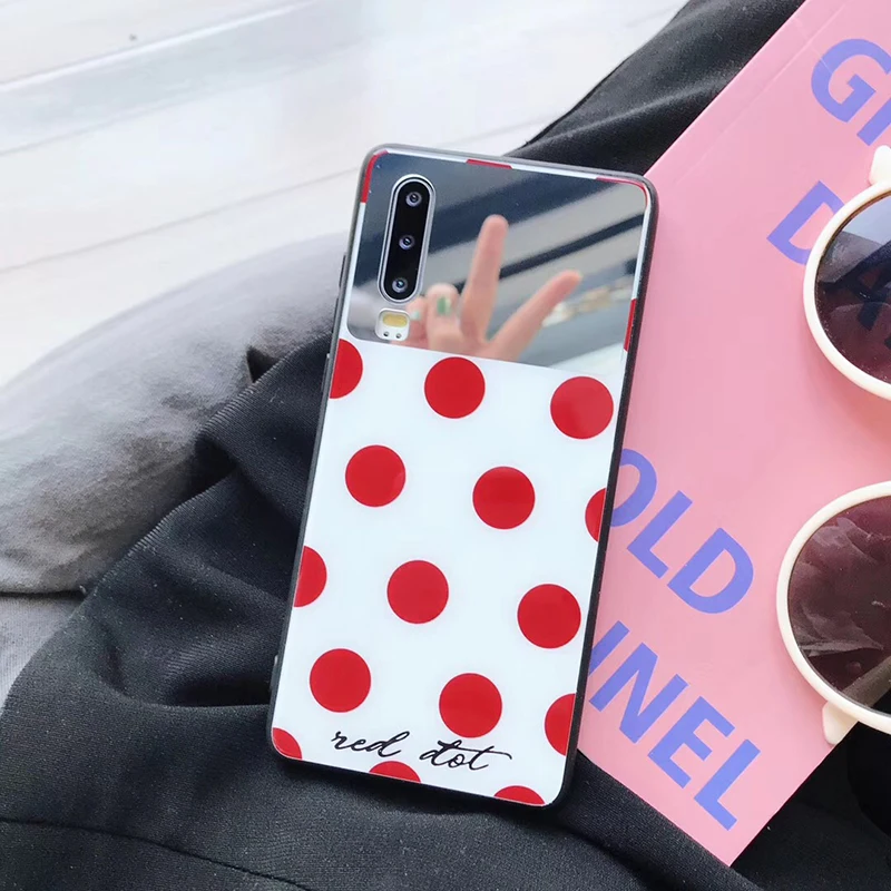 Зеркальные чехлы с покрытием для телефона huawei P30 P20 Mate20 Pro Lite с красным сердцем в горошек, глянцевый чехол для Honor 8X10 Nova 3 3e 4 4e conque