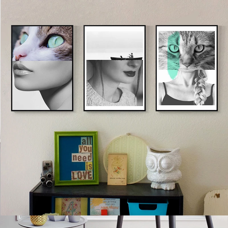 Nordic Sexy Fashion Woman with Cats Abstract Art Combine Canvas Painting Poster Print Picture Wall Living Room Bedroom Home Deco | Дом и сад
