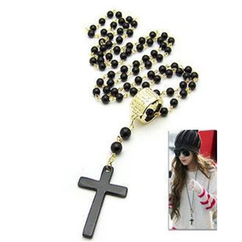 Fashion Long Black Beads Gold Chain Cross Pendant Statement Necklace Women Sweater Jewelry Accessories Gift | Украшения и