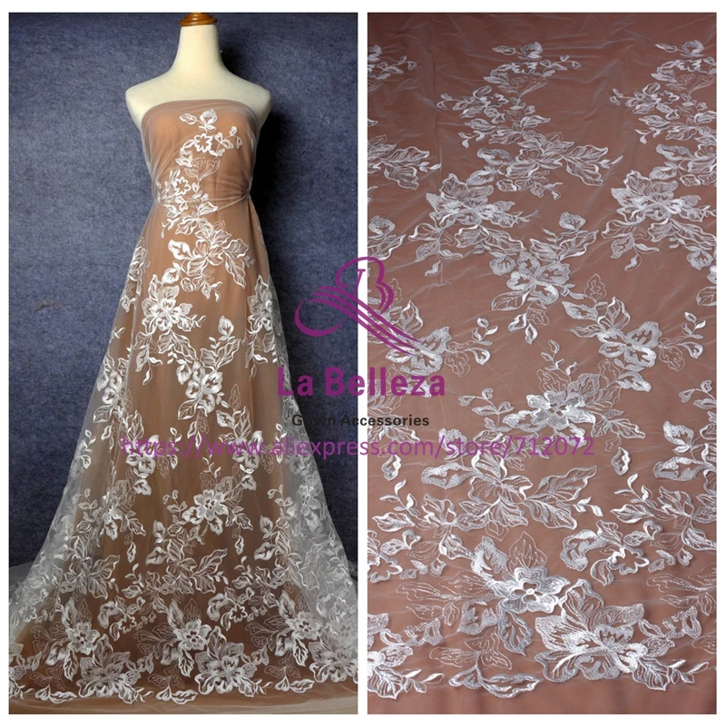 

La Belleza Off white polyester on net embroidery wedding dress lace fabric 1 yard 51" width