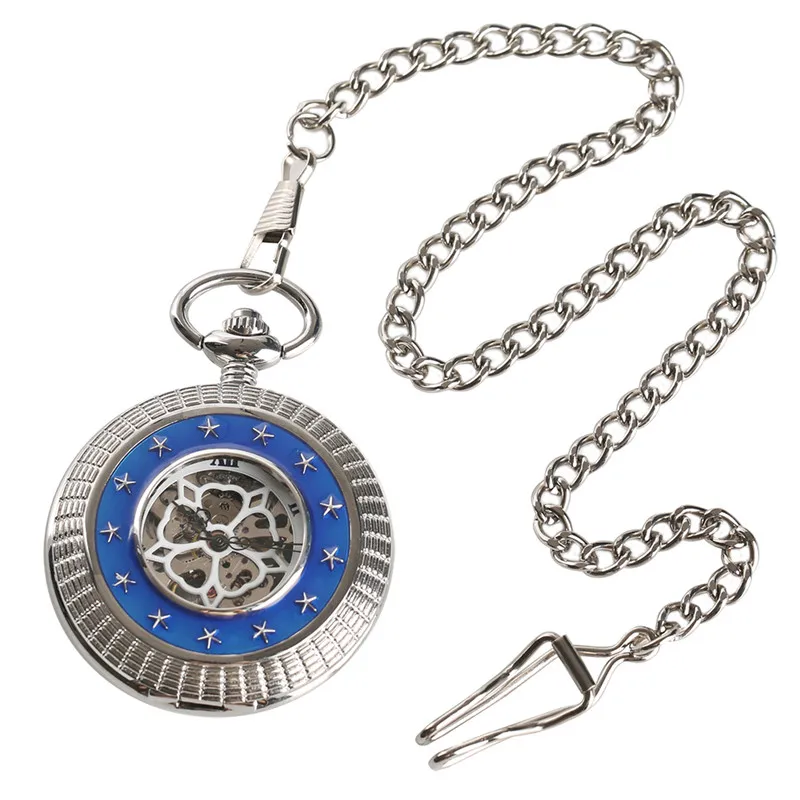Механические карманные часы с серебристыми и синими звездочками ручной обмоткой