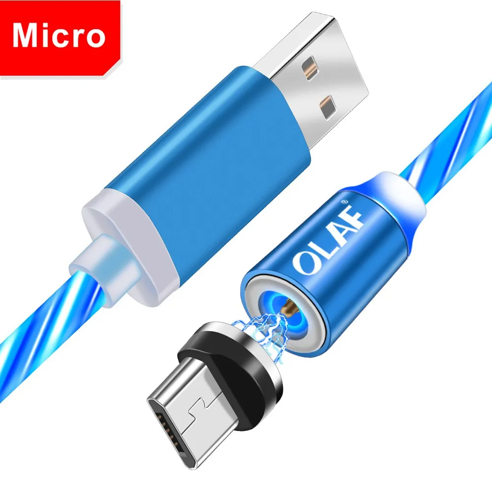 Blue Micro USB Олаф сверкающий Блестящий Магнитный кабель для быстрой зарядки светодиодный кабель микротипа для Iphone 7 8 Plus X XR XS Max для Xiaomi Redmi Note 7 - Цвет: Blue Micro USB