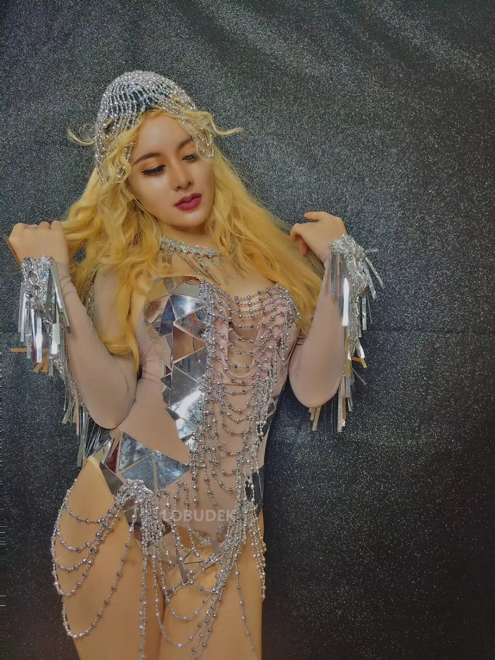 Adult Women Nightclub DJ DS Costume Silver Sequins Beads Headdress Backless Bodysuit Bar Pole Dance Catwalk Performance Jumpsuit