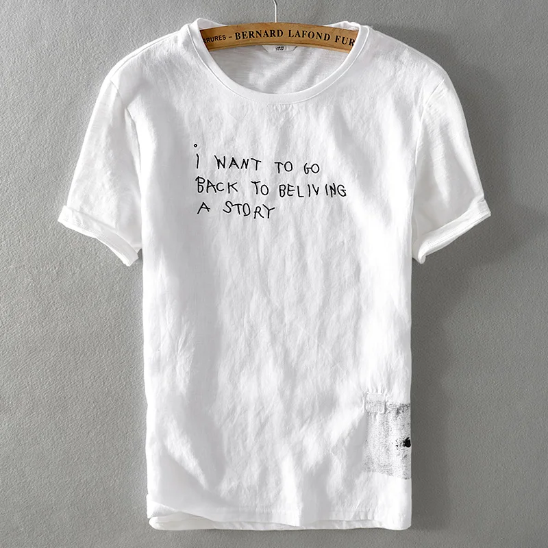 

Мужская льняная футболка с коротким рукавом, белый дышащий топ с круглым вырезом и надписью, с вышивкой