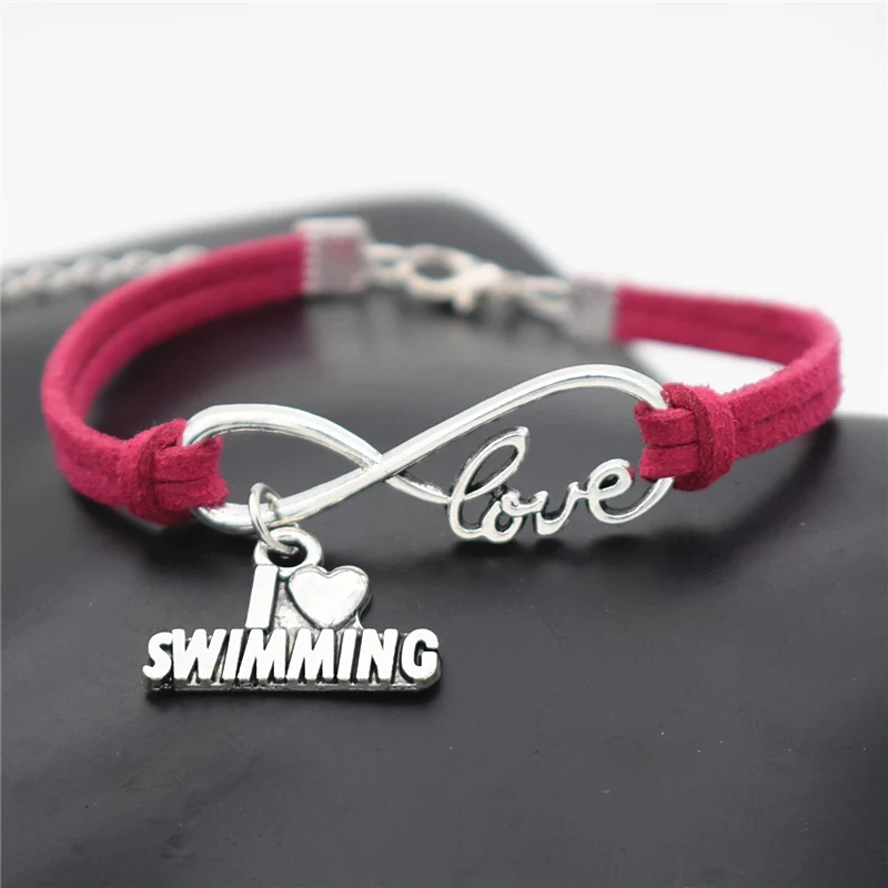 Модные повседневные пляжные античные кожаные браслеты с сердечками I Love Swimming