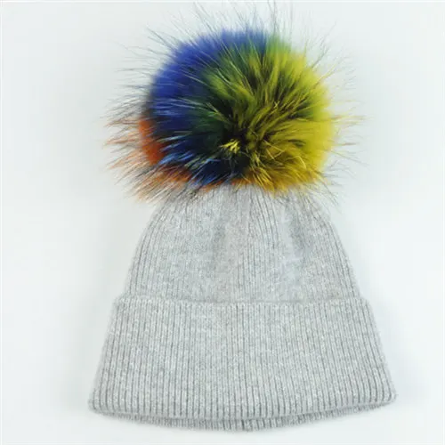 Light grey colorful Новинка, шерстяные весенние меховые шапки для женщин, большой мех серебристой лисы, помпоны, шапочка, женская теплая Повседневная вязаная шапка Vogue - Цвет: Light grey colorful