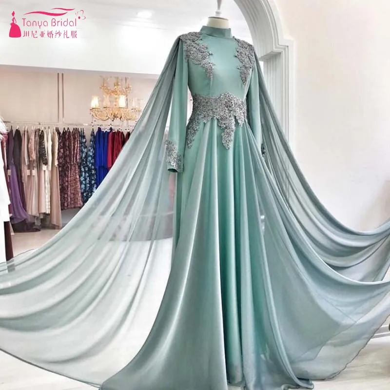 Мятно зеленое Формальное вечернее платье с длинным рукавом и высоким воротом для